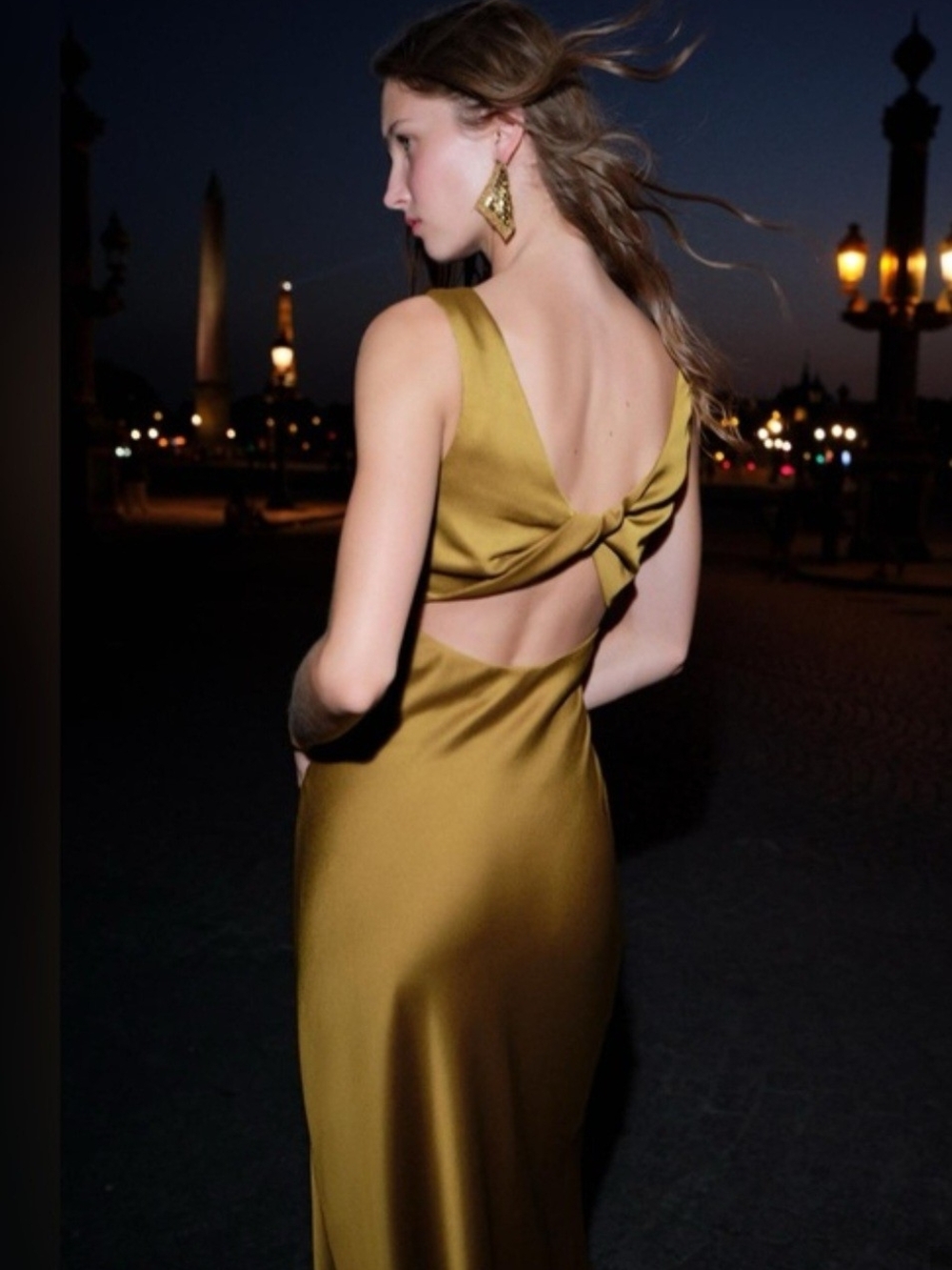 Zara Satin V-Neck Maxi Dress in Olive Gold Green - Picture 2 of 7